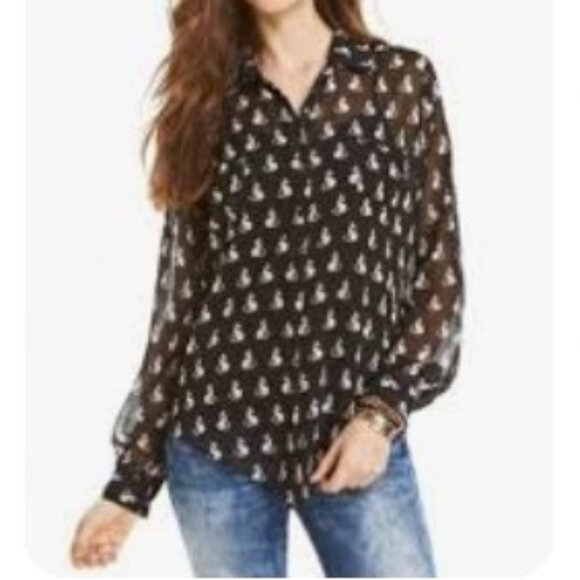 American Rag Cie Black & White Sheer Kitty Cat Print Blouse - Picture 6 of 7